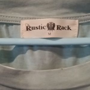 Rustic Rack green & white rounded neckline s/s top w shredded fringed hem Sz M